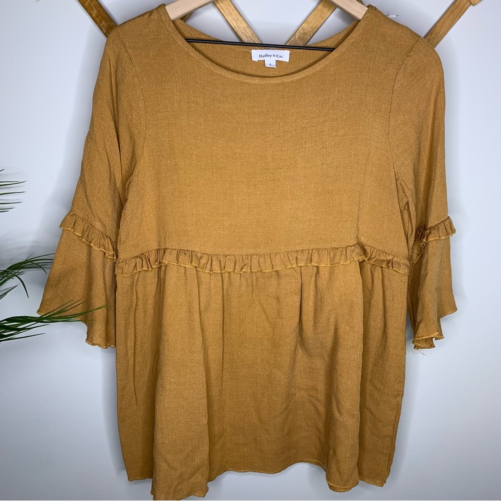 Hailey & Co. Mustard Ruffle Sleeve Babydoll Top size Large